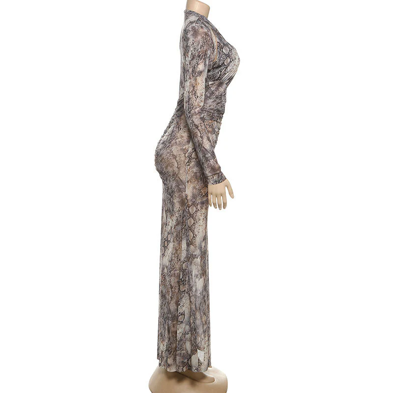 Long sleeve hollow out snakeskin print maxi dress - Image 3