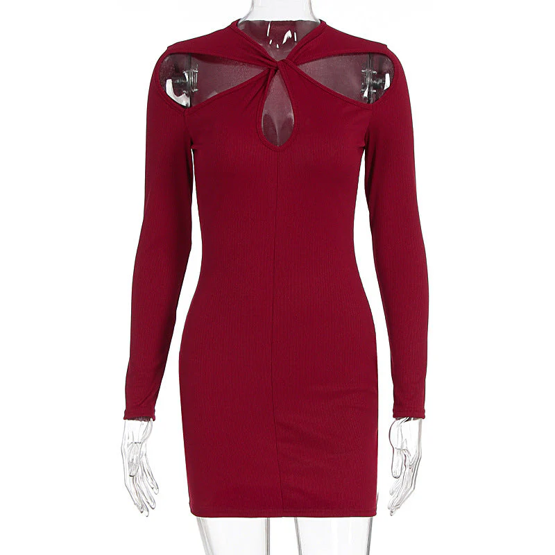 Long sleeve hollow out solid mini dress - Image 2