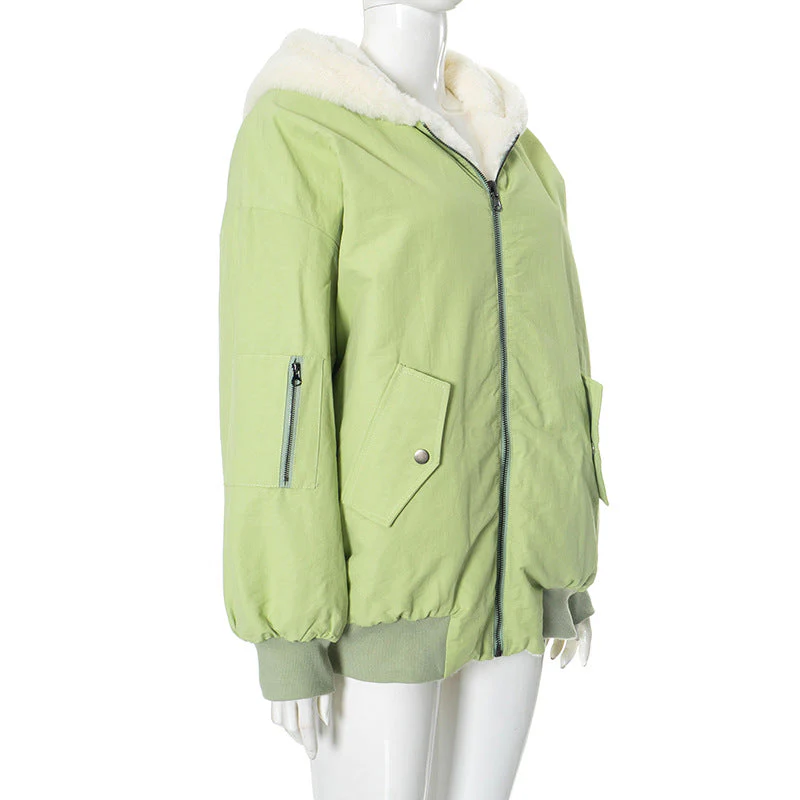 Long sleeve hoodie fluffy 2-way pocket zip-up coat top - Image 10
