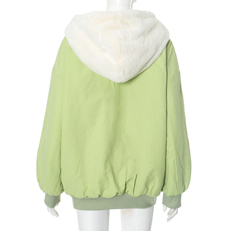 Long sleeve hoodie fluffy 2-way pocket zip-up coat top - Image 11