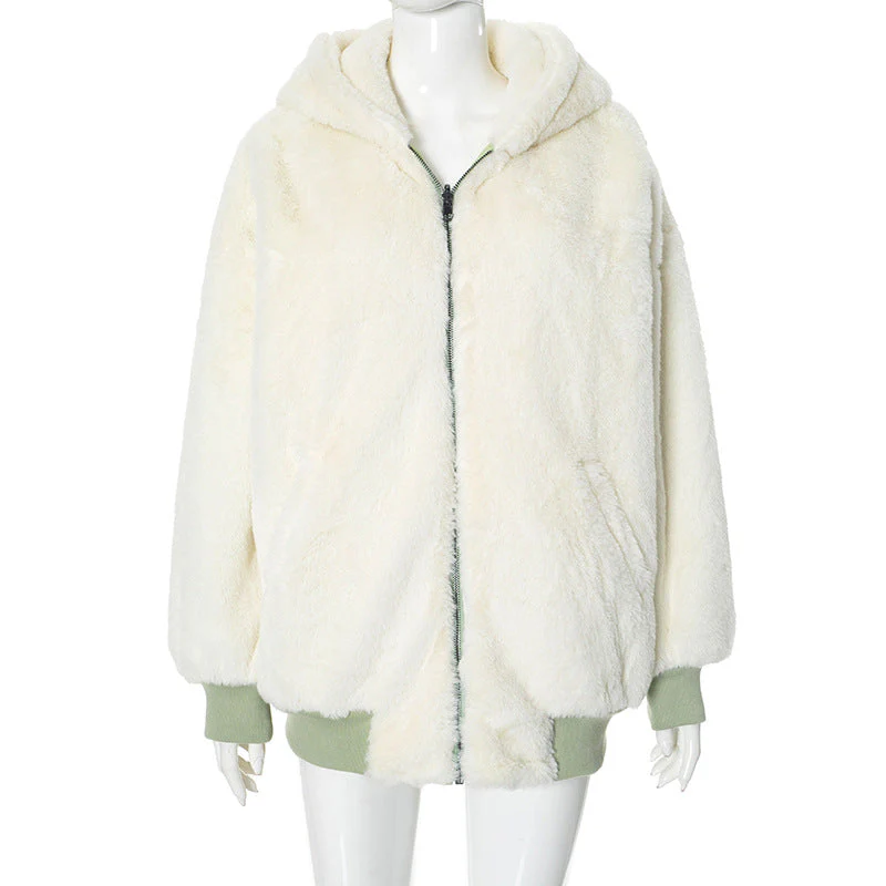 Long sleeve hoodie fluffy 2-way pocket zip-up coat top - Image 12