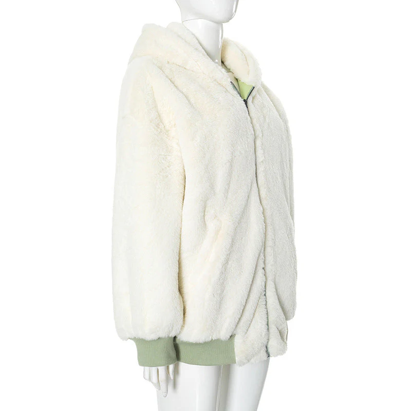 Long sleeve hoodie fluffy 2-way pocket zip-up coat top - Image 13