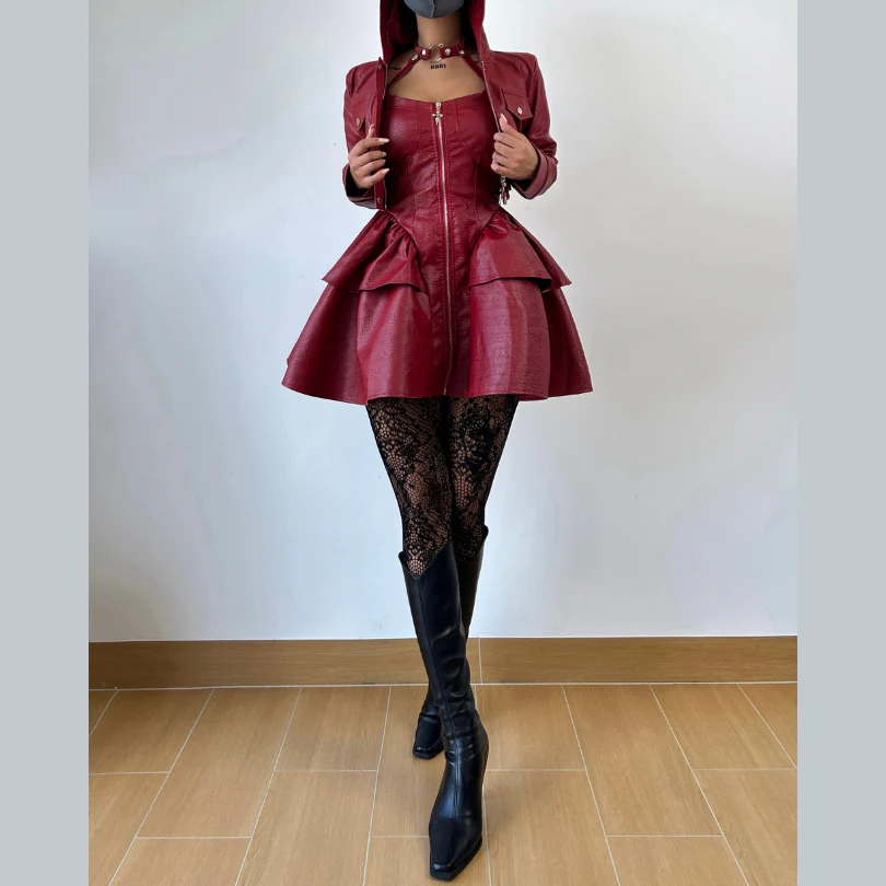 Long sleeve hoodie PU leather halter zip-up 2 piece mini dress - Image 2