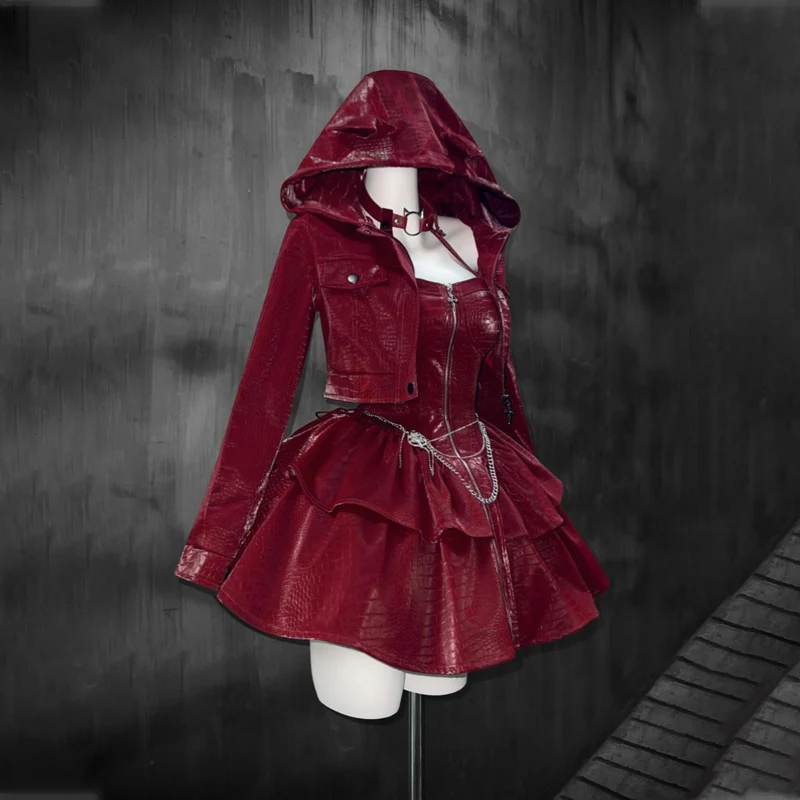 Long sleeve hoodie PU leather halter zip-up 2 piece mini dress - Image 3