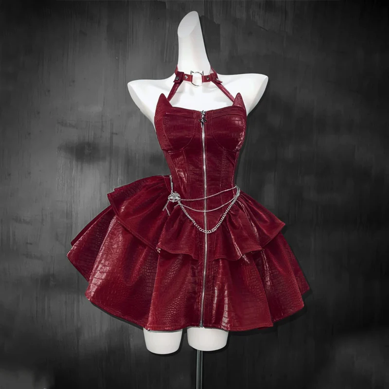 Long sleeve hoodie PU leather halter zip-up 2 piece mini dress - Image 4