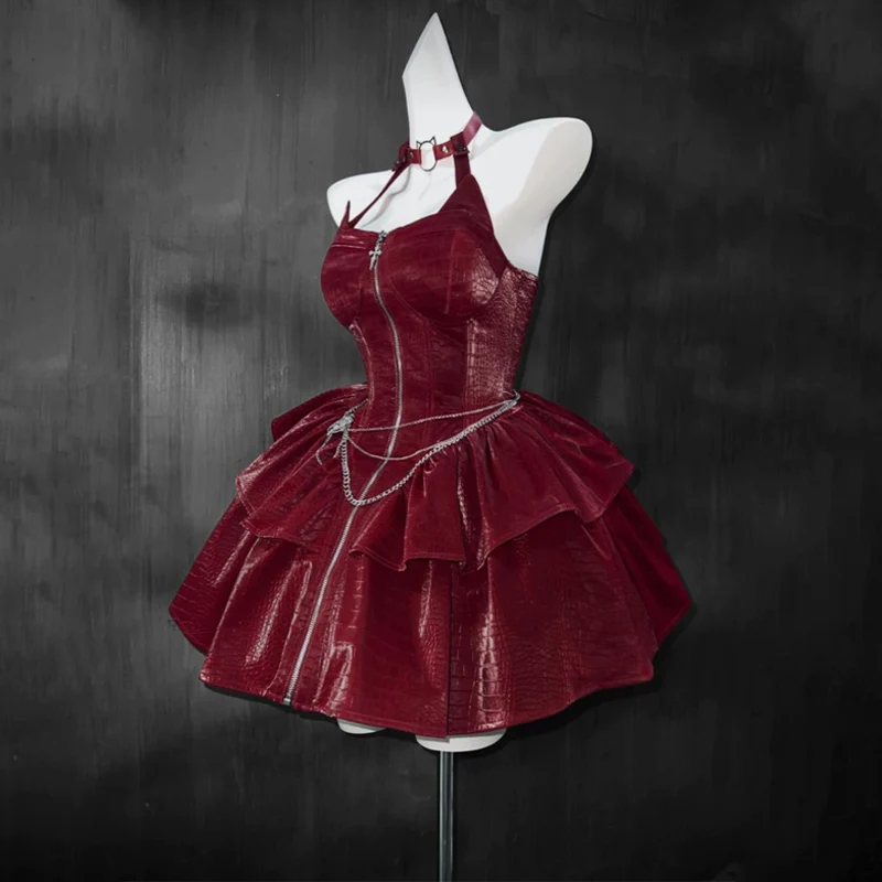 Long sleeve hoodie PU leather halter zip-up 2 piece mini dress - Image 5