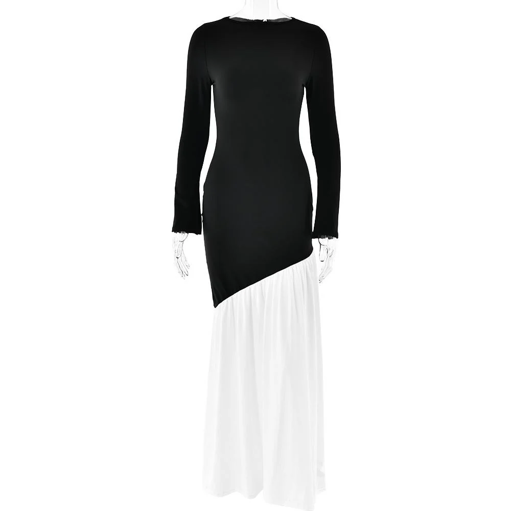 Long sleeve irregular crewneck ruched slit maxi dress - Image 2