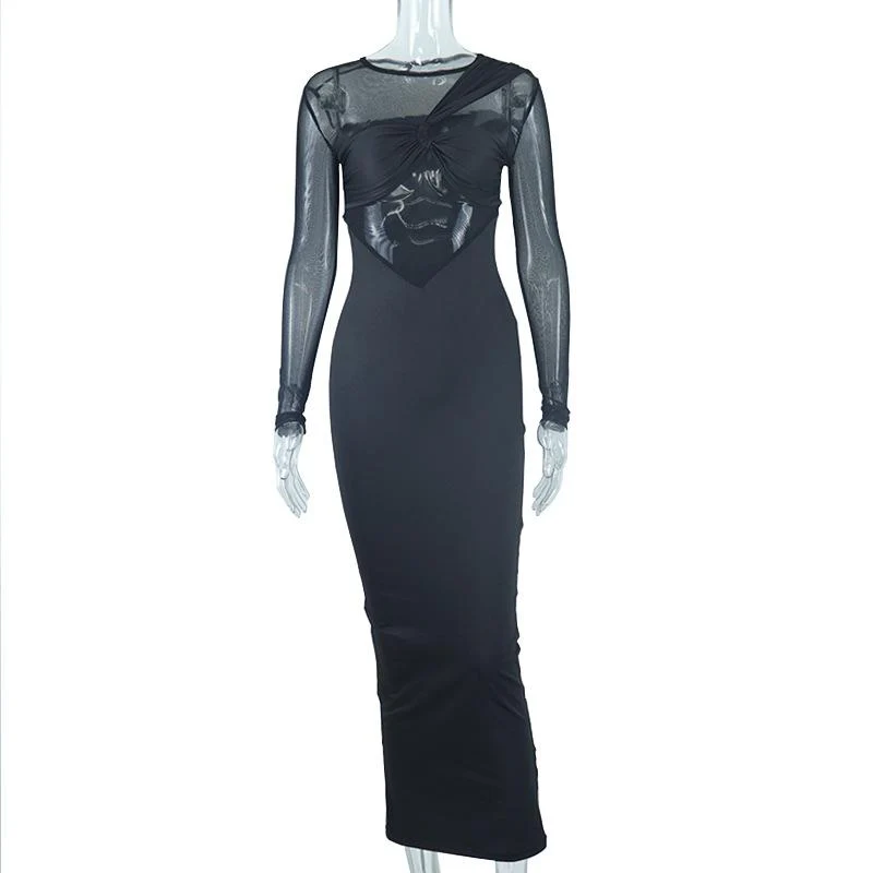 Long sleeve irregular patchwork crewneck mesh midi dress - Image 2