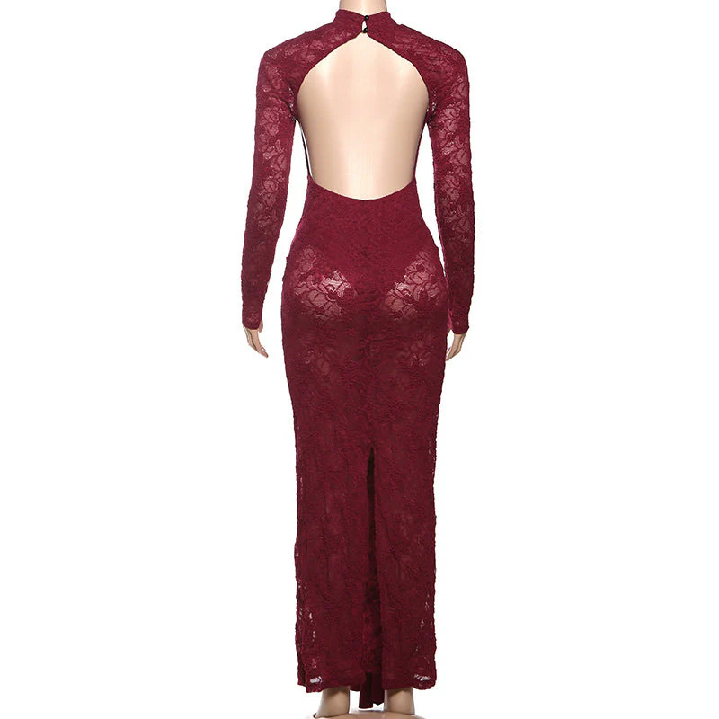 Long sleeve knotted backless lace maxi dress - Image 5