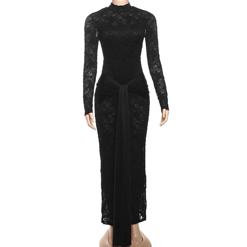Long sleeve knotted backless lace maxi dress - Image 6