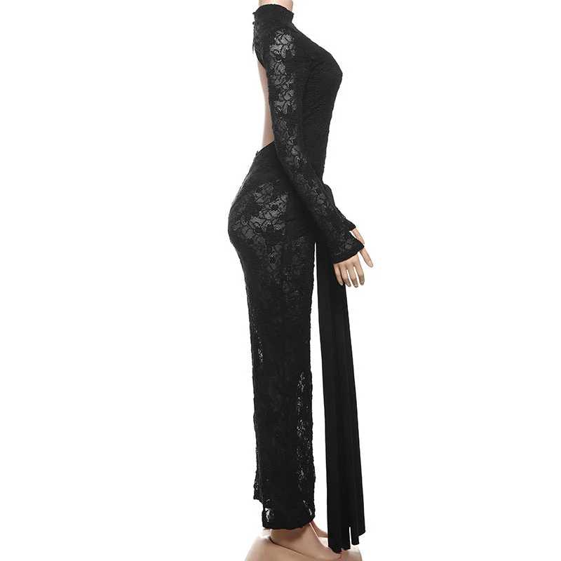 Long sleeve knotted backless lace maxi dress - Image 7
