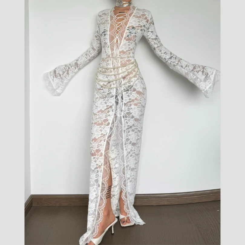 Long sleeve lace cross front slit maxi dress - Image 2