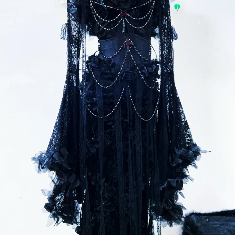 Long sleeve lace beaded flower applique corset maxi dress - Image 4