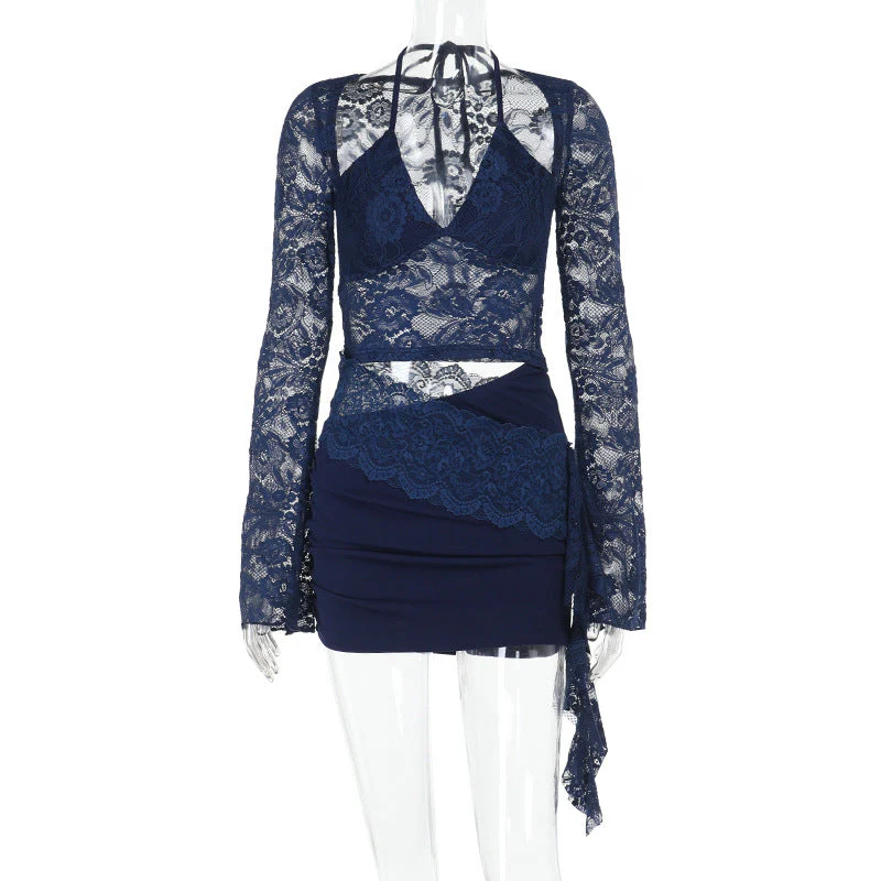Long sleeve lace halter self tie ruched mini dress - Image 2