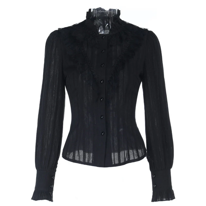 Long sleeve lace hem button self tie top - Image 2