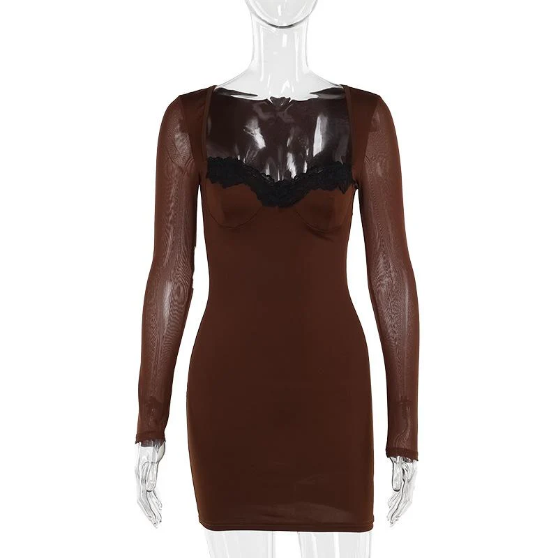 Long sleeve lace hem solid mini dress - Image 2