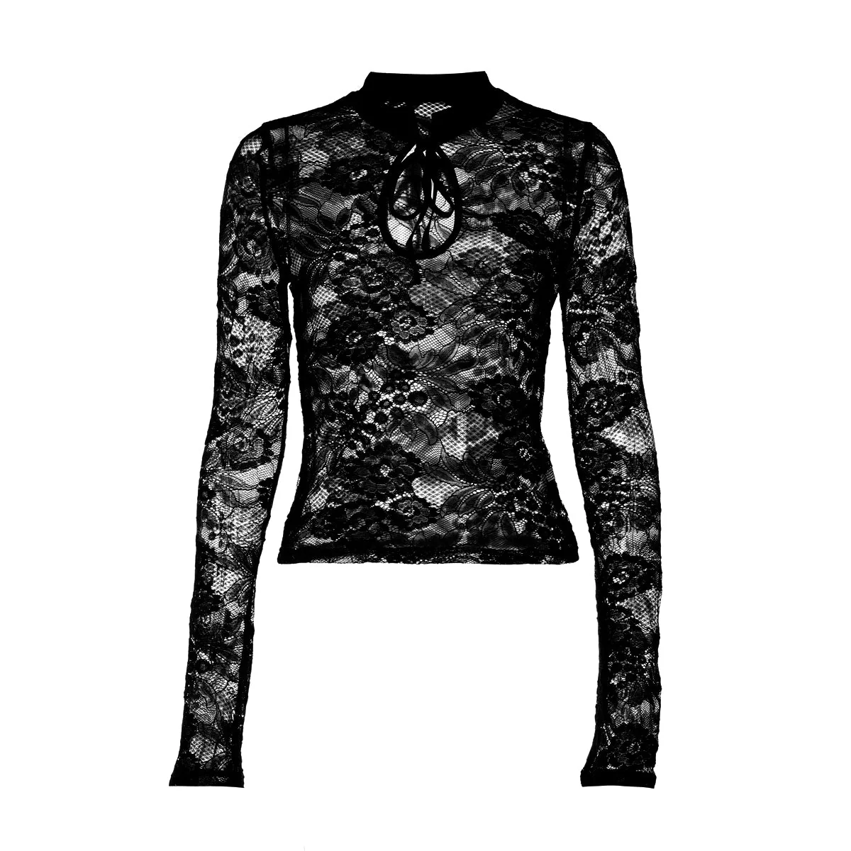 Long sleeve lace hollow out self tie see through top - Image 2