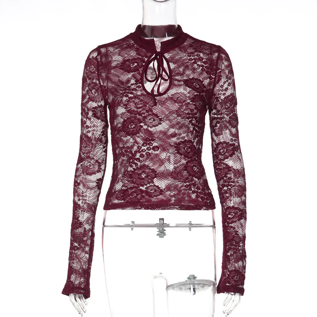 Long sleeve lace hollow out self tie see through top - Image 3