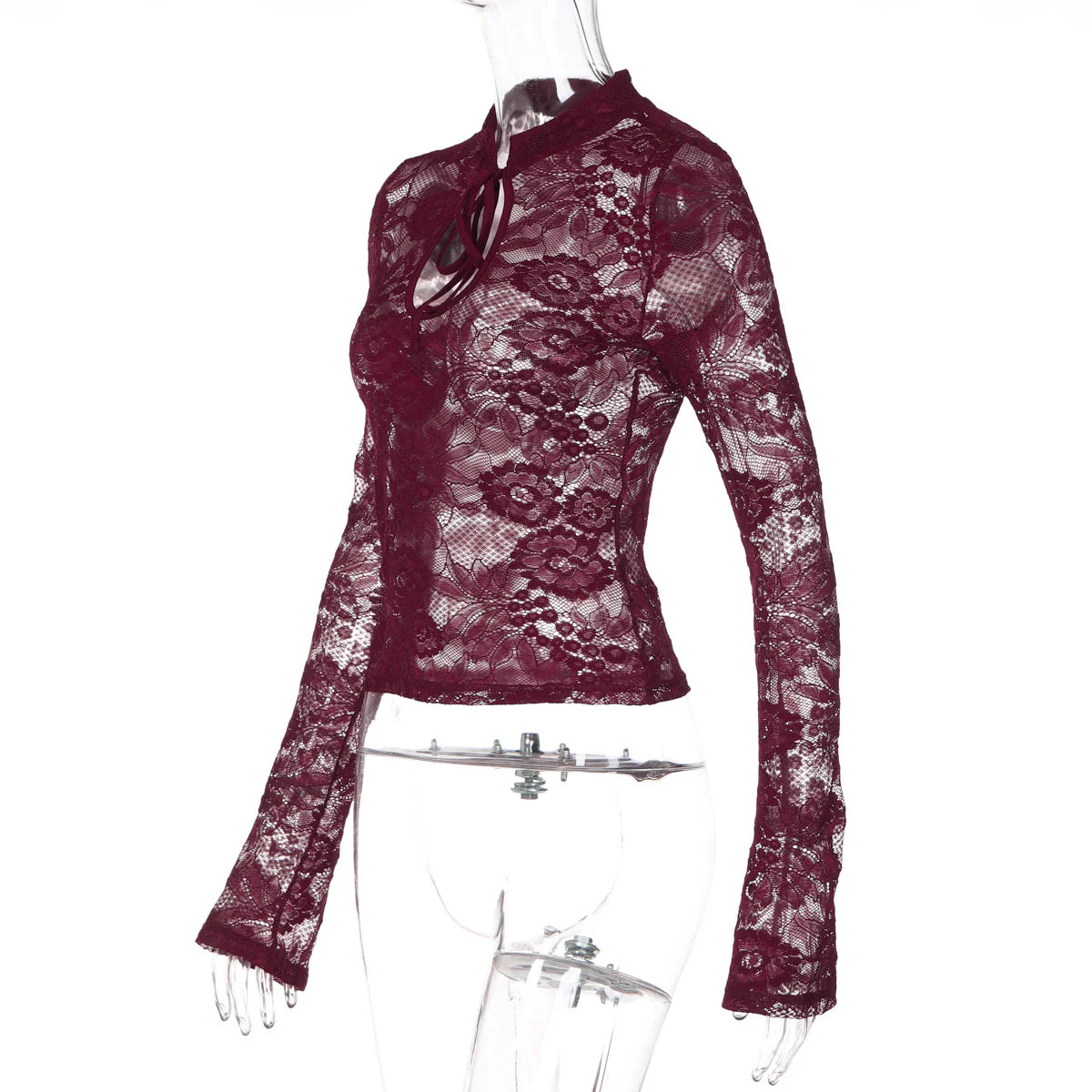 Long sleeve lace hollow out self tie see through top - Image 4