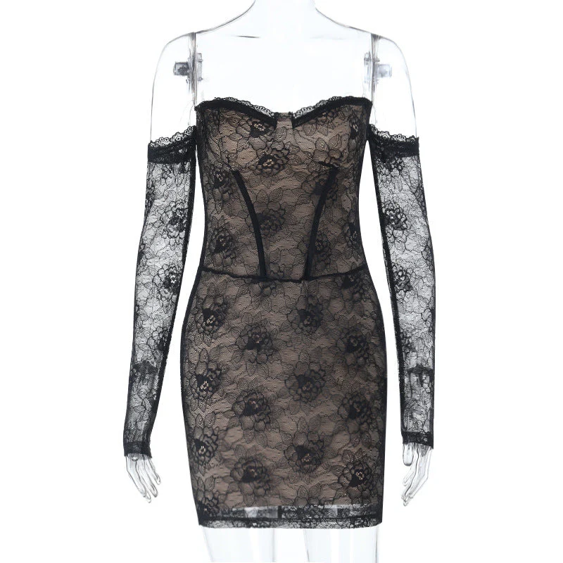 Long sleeve lace off shoulder mini dress - Image 2