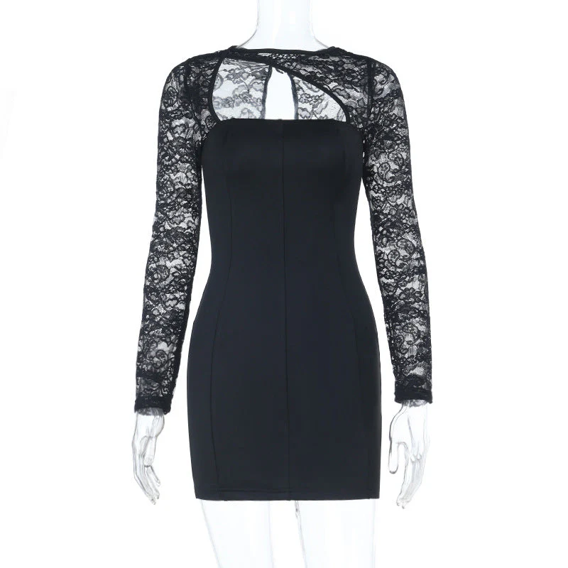 Long sleeve lace patchwork hollow out mini dress - Image 2