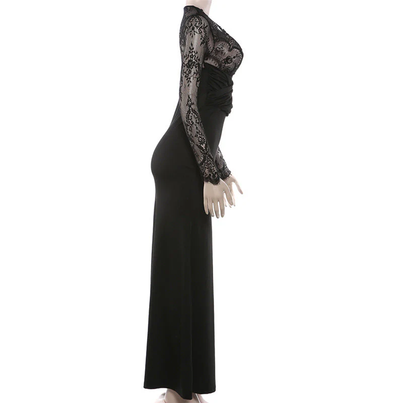 Long sleeve lace patchwork v neck maxi dress - Image 3