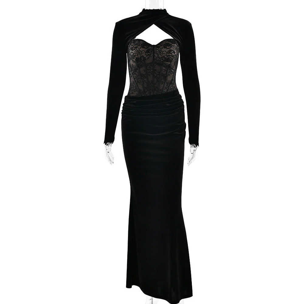 Long sleeve lace ruched zip-up solid maxi dress - Image 2