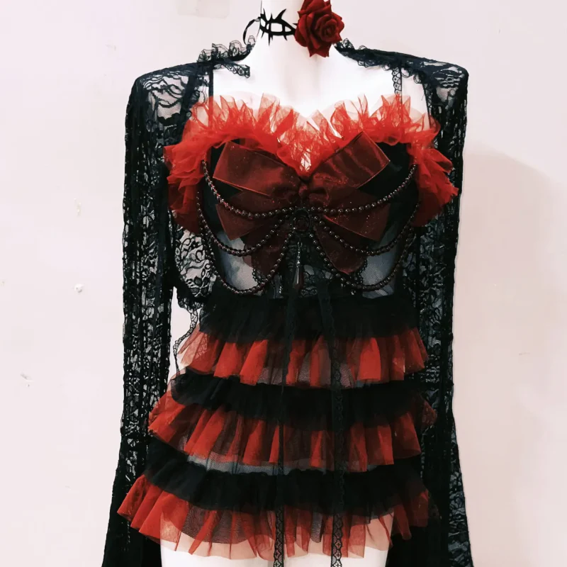 Long sleeve lace ruffle beaded cami mini dress - Image 2