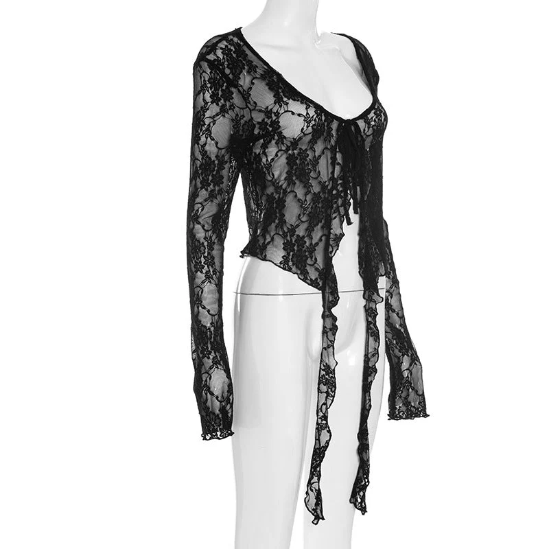Long sleeve lace ruffle self tie top - Image 3
