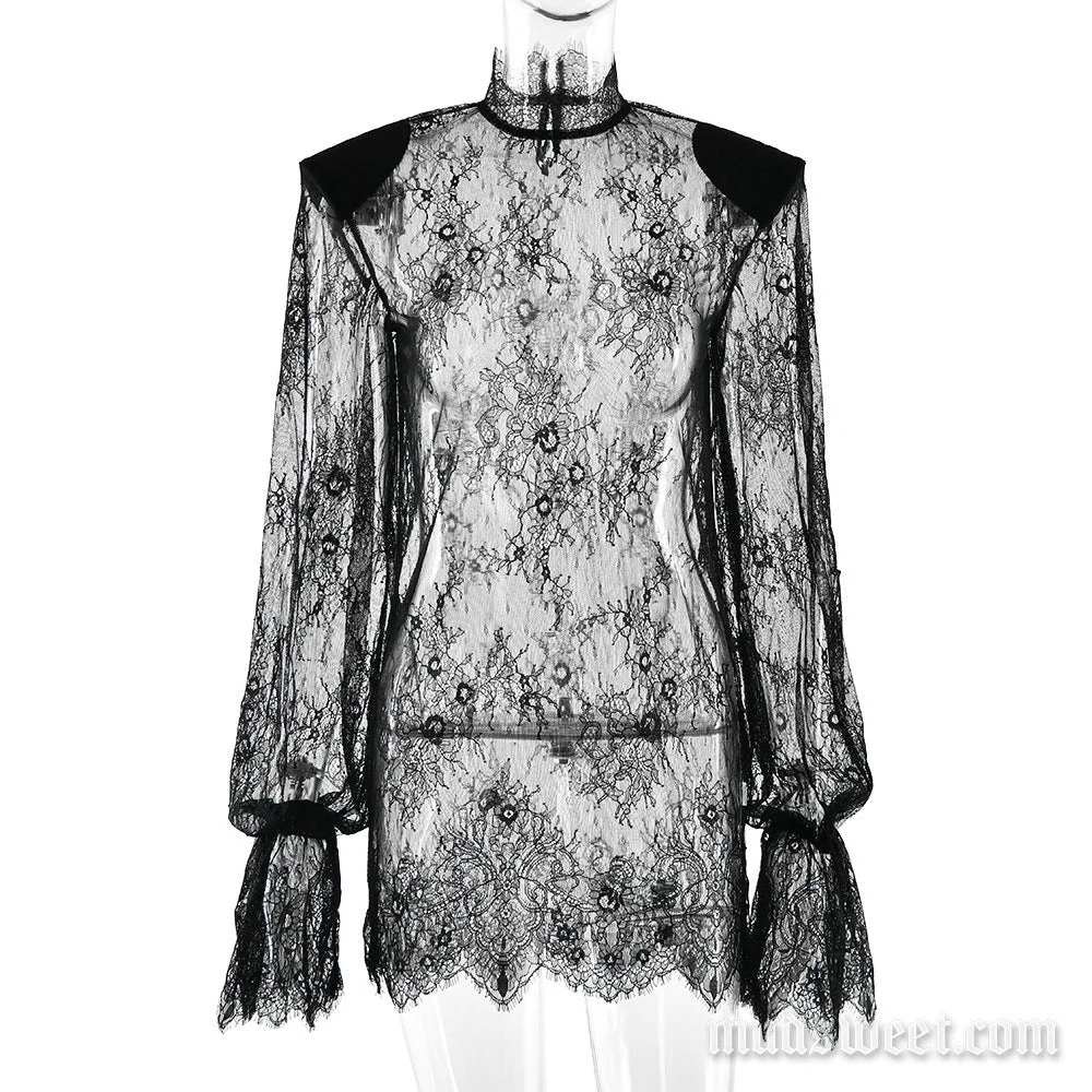 Long sleeve lace see through high neck mini dress - Image 2