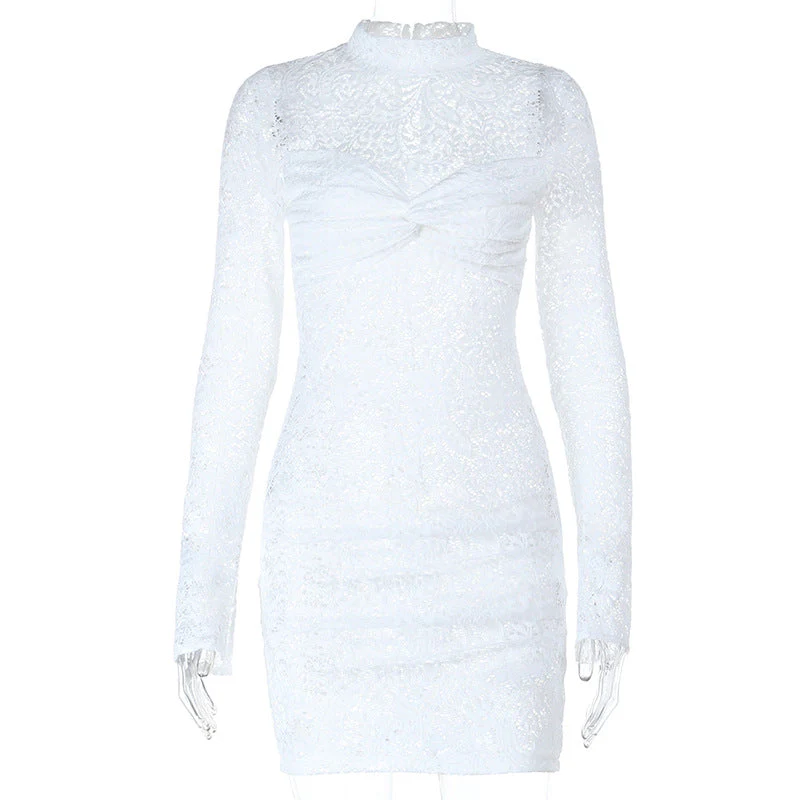 Long sleeve lace see through ruched mini dress - Image 2