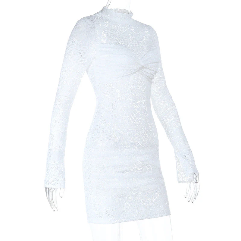 Long sleeve lace see through ruched mini dress - Image 3