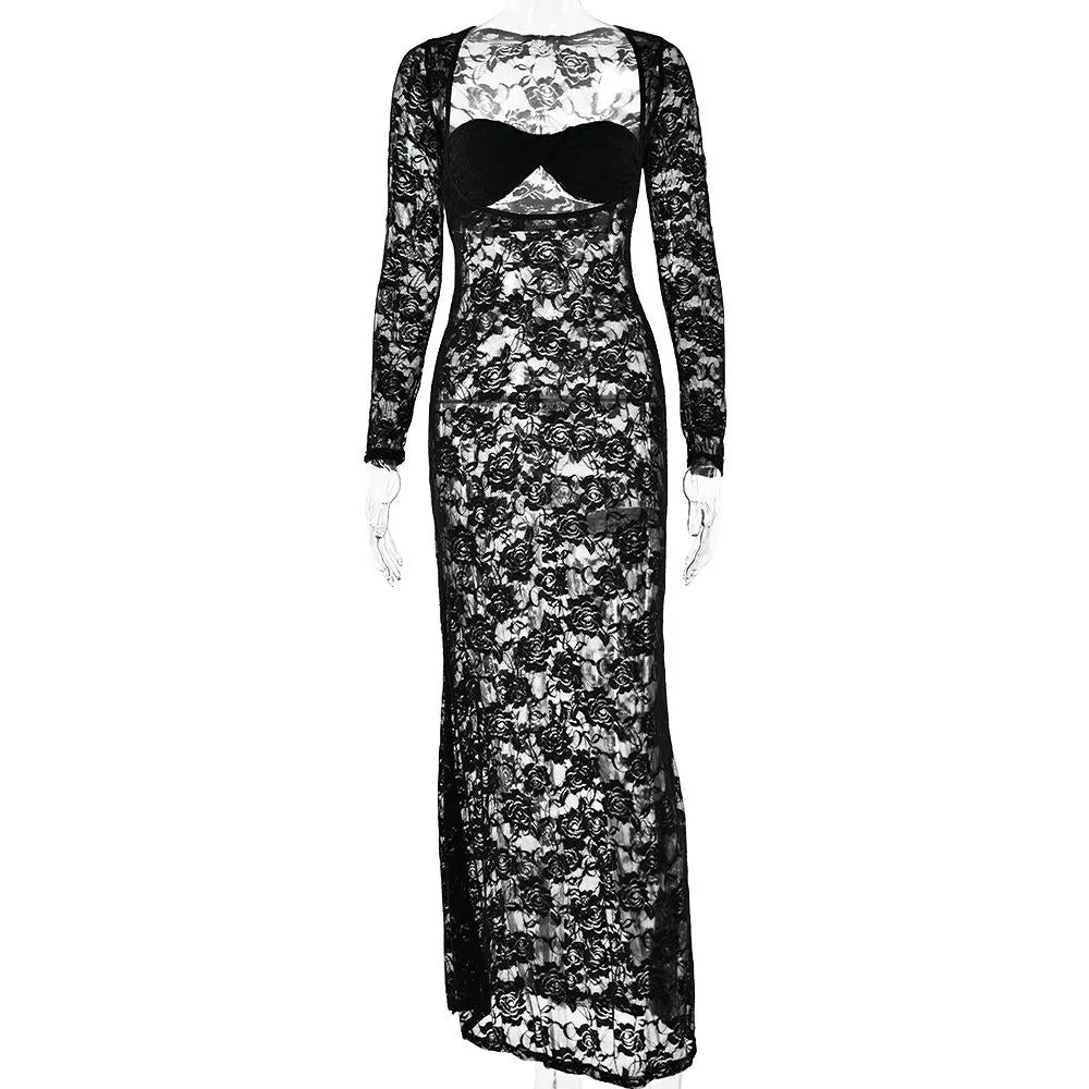 Long sleeve lace see through sweetheart neck maxi dress - Image 4