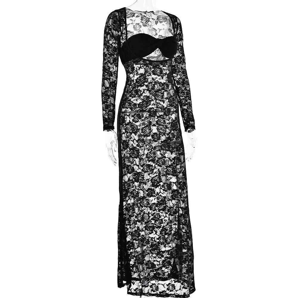 Long sleeve lace see through sweetheart neck maxi dress - Image 5