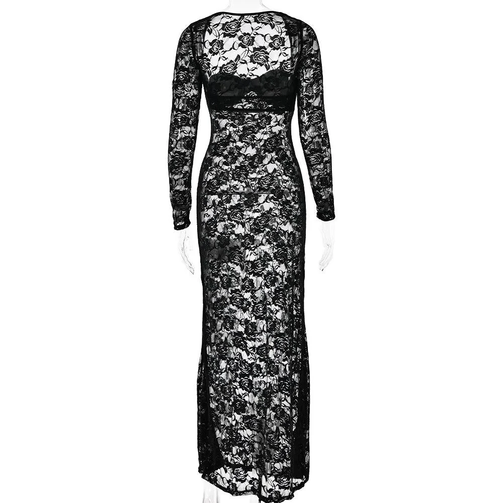 Long sleeve lace see through sweetheart neck maxi dress - Image 6