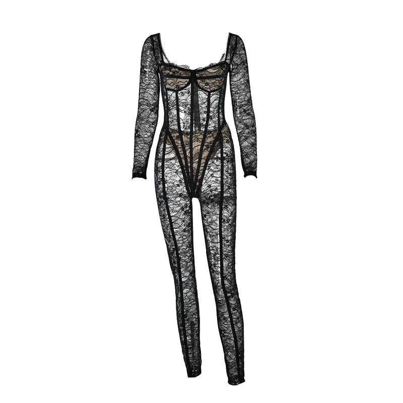 Long sleeve lace see through v neck zip-up jumpsuit
