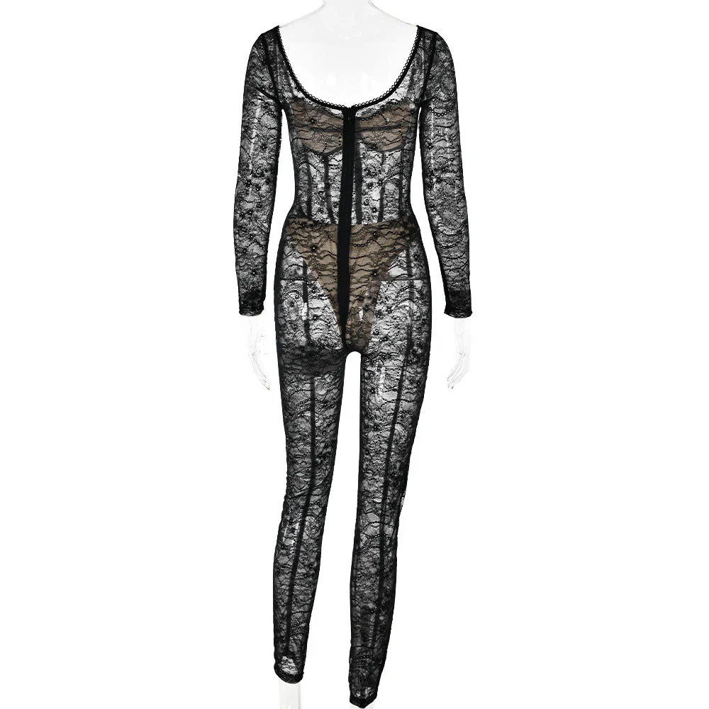 Long sleeve lace see through v neck zip-up jumpsuit - Image 6