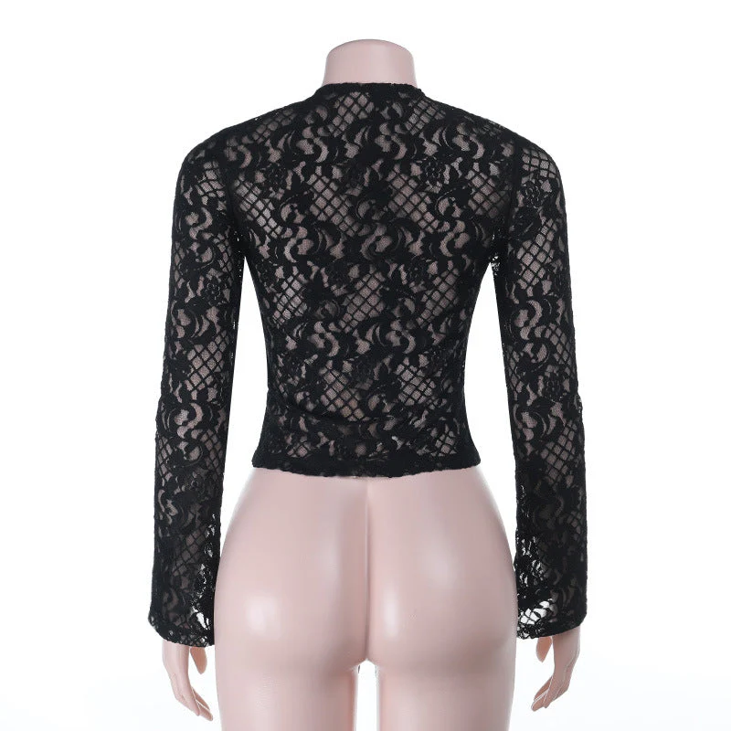 Long sleeve lace self tie solid crewneck top - Image 4