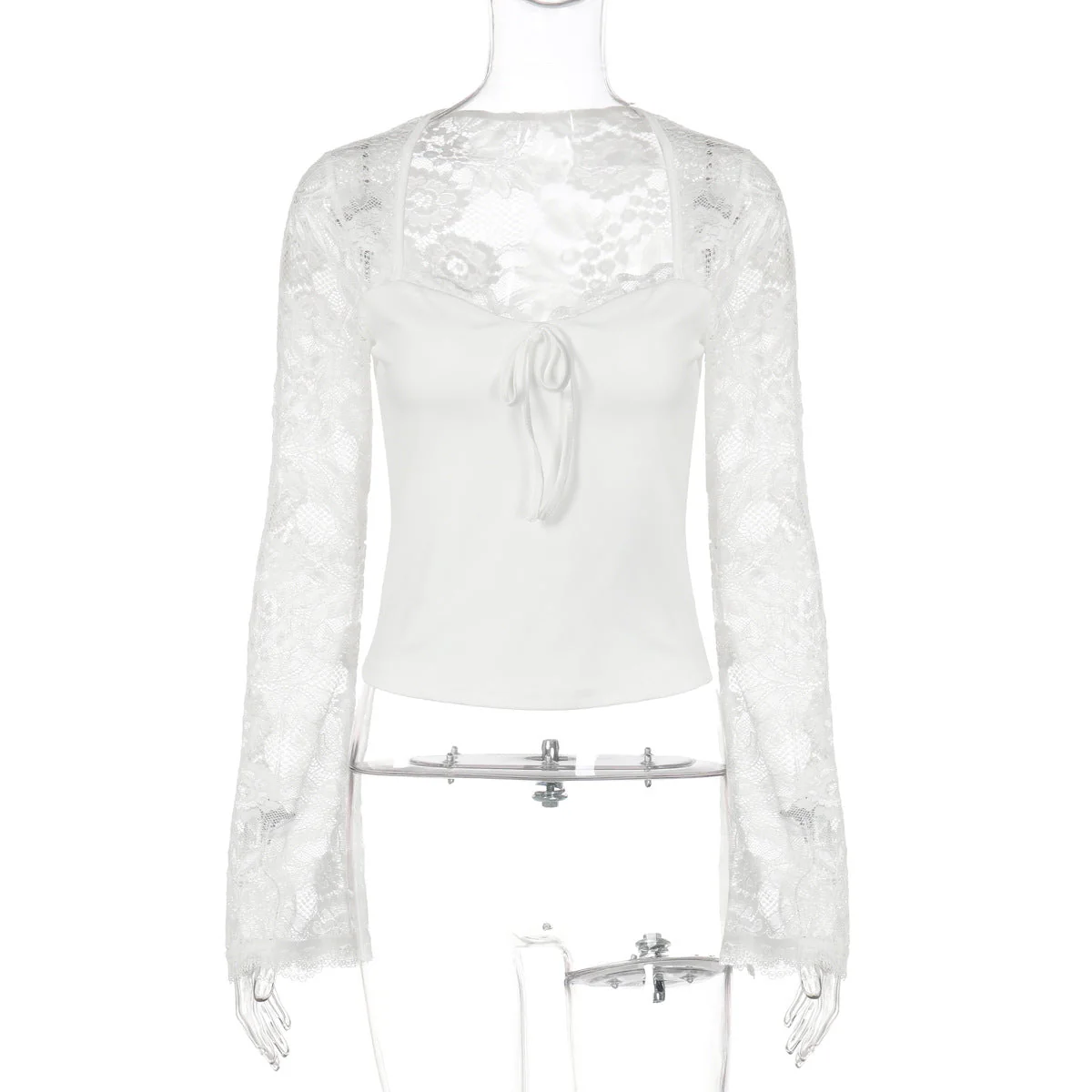 Long sleeve lace self tie solid patchwork top - Image 4