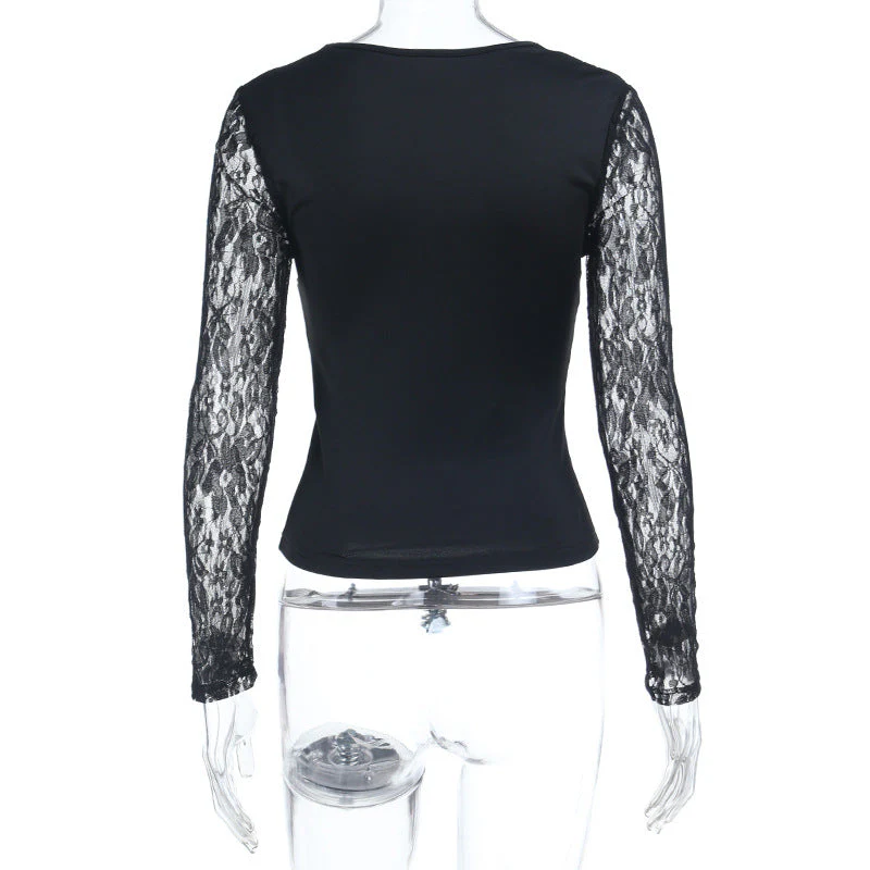 Long sleeve lace self tie v neck top - Image 3