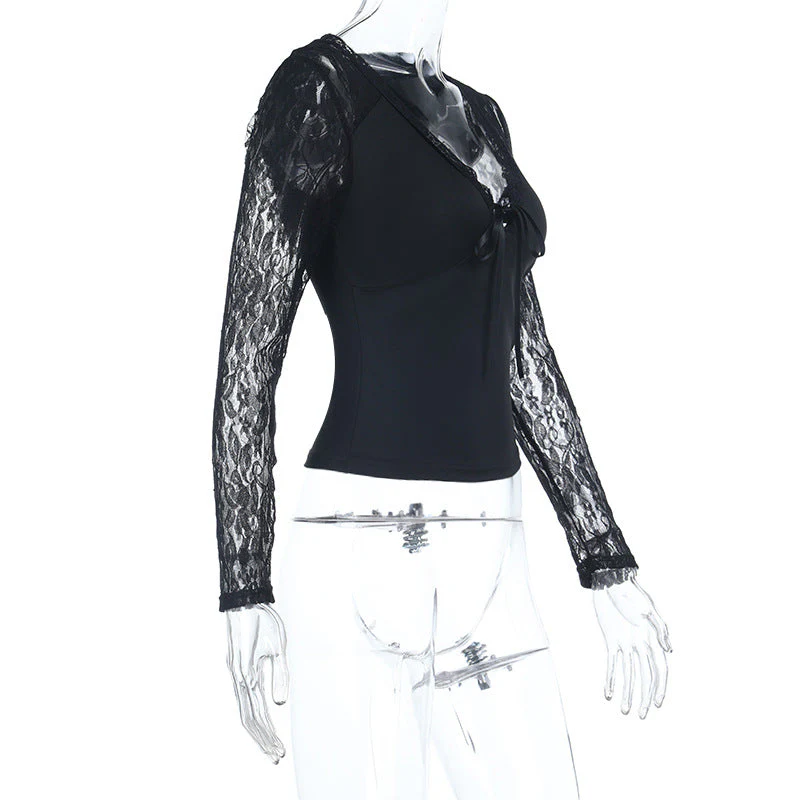 Long sleeve lace self tie v neck top - Image 4