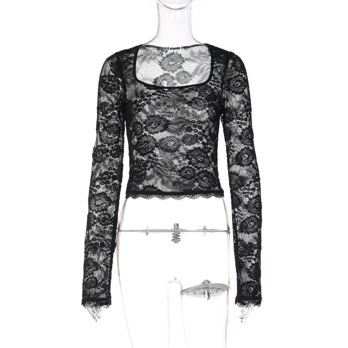 Long sleeve lace square neck see through top - Image 2