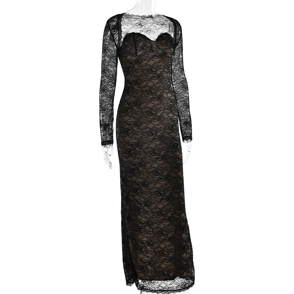 Long sleeve lace sweetheart neck 2 piece maxi dress - Image 4