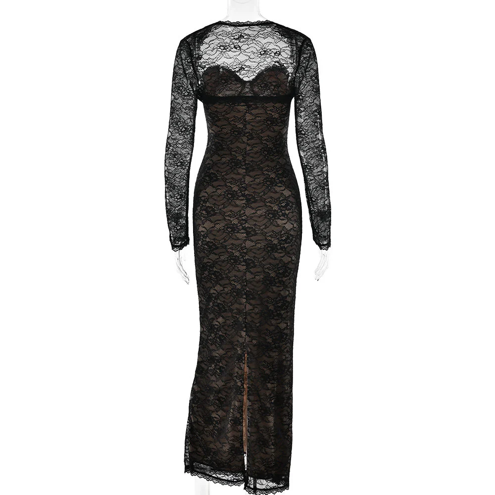 Long sleeve lace sweetheart neck 2 piece maxi dress - Image 5