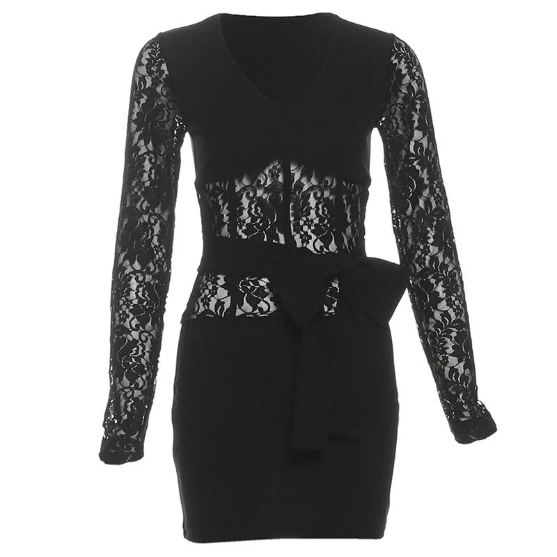 Long sleeve lace v neck bowknot mini dress - Image 2