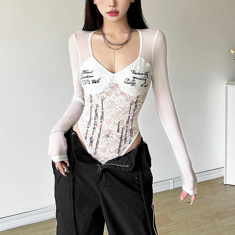Long sleeve lace v neck letter print button bodysuit - Image 3
