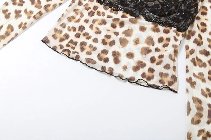 Long sleeve leopard print lace hem top - Image 6