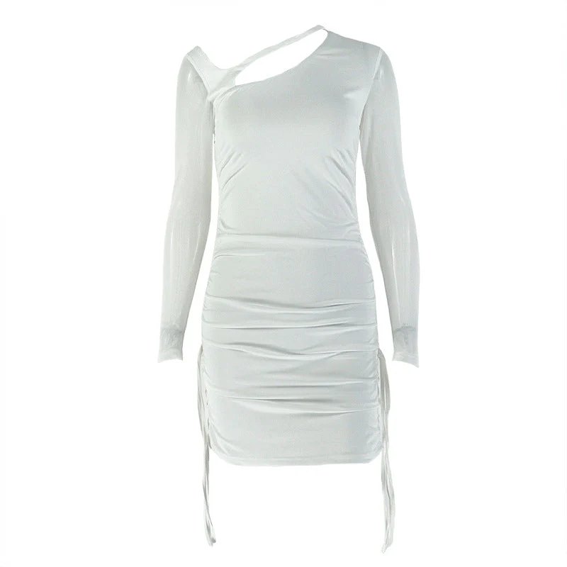 Long sleeve mesh hollow out ruched mini dress