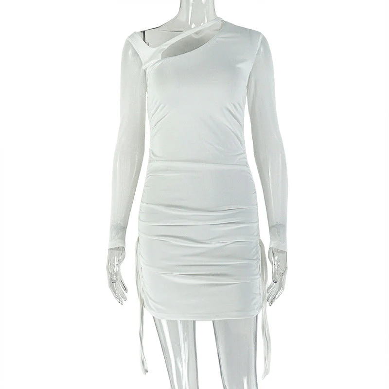 Long sleeve mesh hollow out ruched mini dress - Image 2