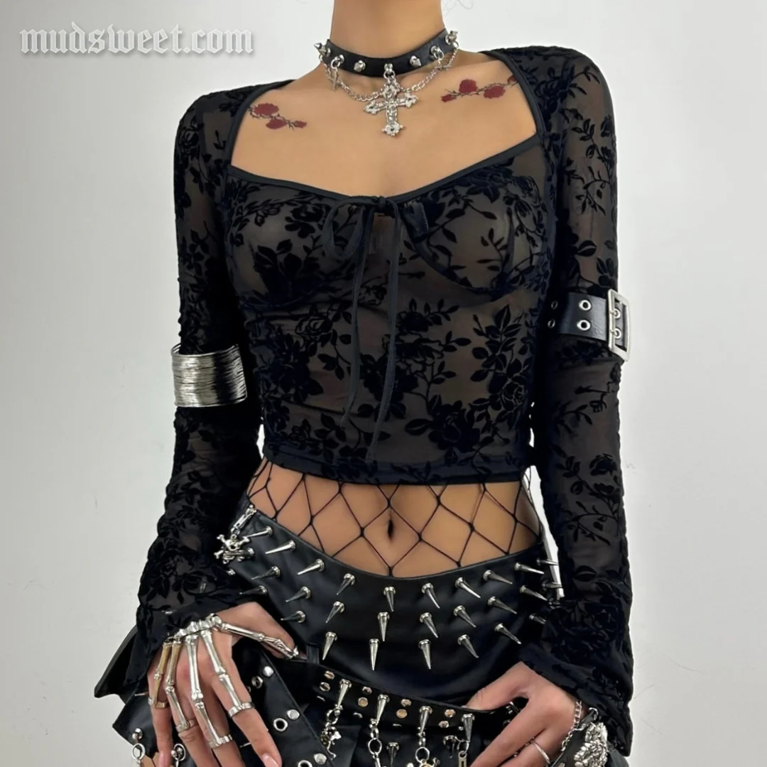 Long sleeve mesh see through v neck self tie top